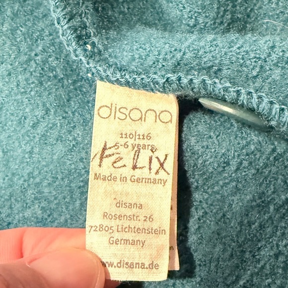 Disana Felix Wool Fleece Hooded Jacket Teal Blue Kids Size 110 116 5-6 Years - Picture 2 of 12